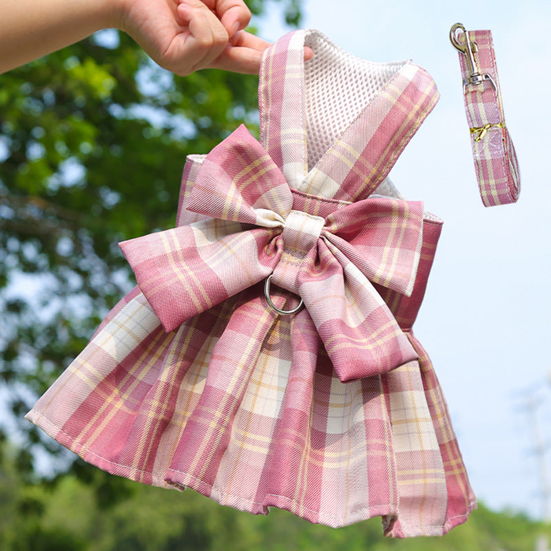 KFX-5777213 Pet Plaid Skirt with Chest Strap and Leash in Various Colors