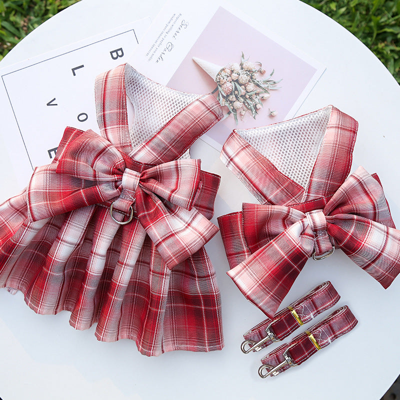 KFX-5777213 Pet Plaid Skirt with Chest Strap and Leash in Various Colors