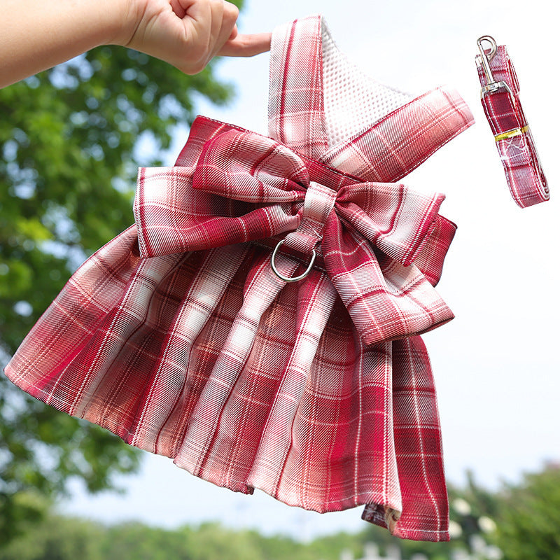 KFX-5777213 Pet Plaid Skirt with Chest Strap and Leash in Various Colors