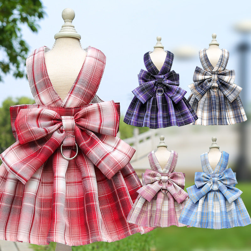 KFX-5777213 Pet Plaid Skirt with Chest Strap and Leash in Various Colors