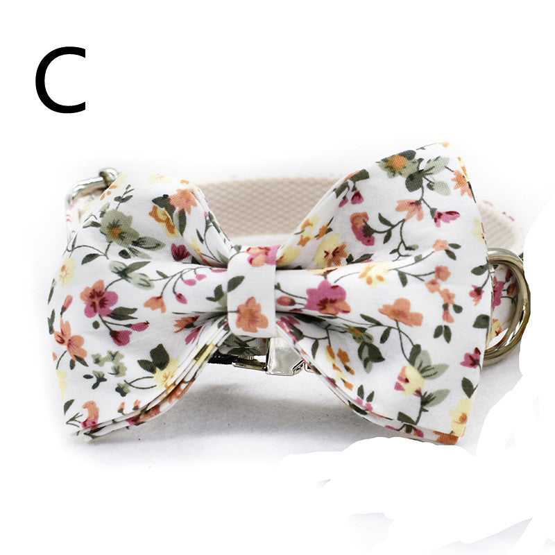 KFX-5779901 White Flower Pattern Cotton Pet Collar and Leash Set with Metal Buckle