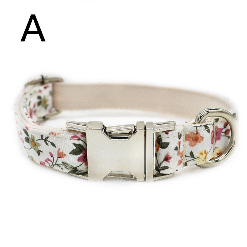 KFX-5779901 White Flower Pattern Cotton Pet Collar and Leash Set with Metal Buckle