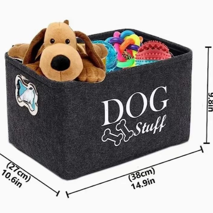 KFX-5780157 Felt Storage Box with Metal Handle for Pet Toys and Snacks - Dark Gray, 38x27x25 cm