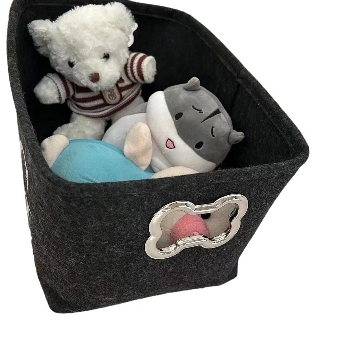 KFX-5780157 Felt Storage Box with Metal Handle for Pet Toys and Snacks - Dark Gray, 38x27x25 cm