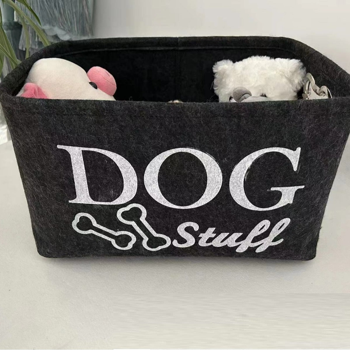 KFX-5780157 Felt Storage Box with Metal Handle for Pet Toys and Snacks - Dark Gray, 38x27x25 cm