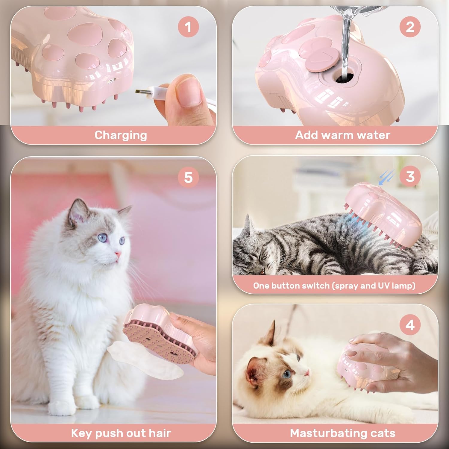 KFX-5781181 Self-Cleaning 4-in-1 Cat Steam Brush with Massage Function for All Hair Types