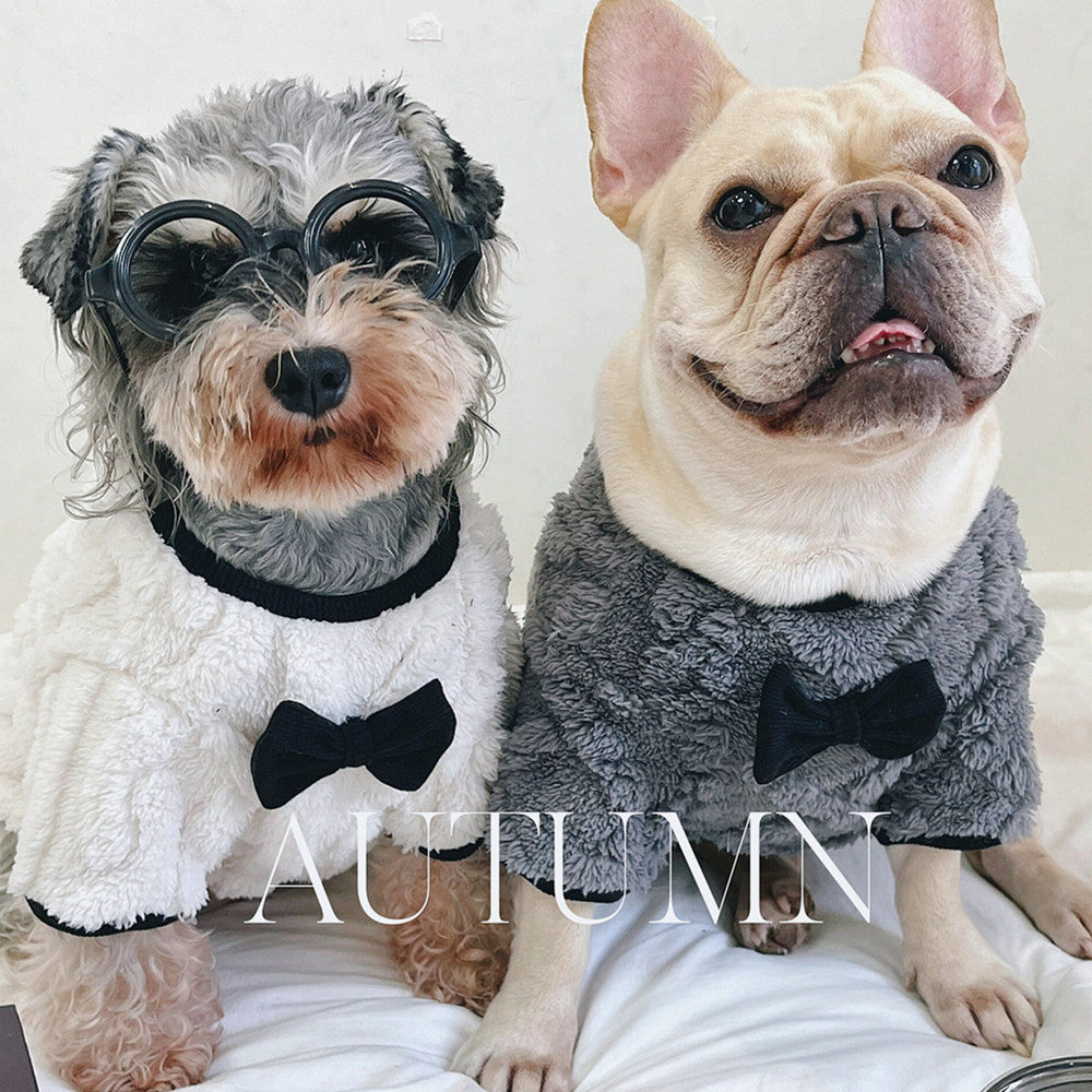 KFX-5781693 French Bow Tie Sweater for Corgis in Beige and Gray Double-Sided Velvet