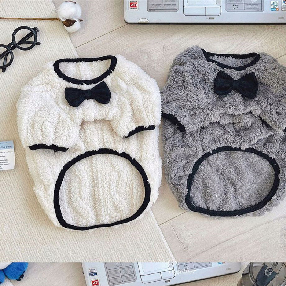 KFX-5781693 French Bow Tie Sweater for Corgis in Beige and Gray Double-Sided Velvet