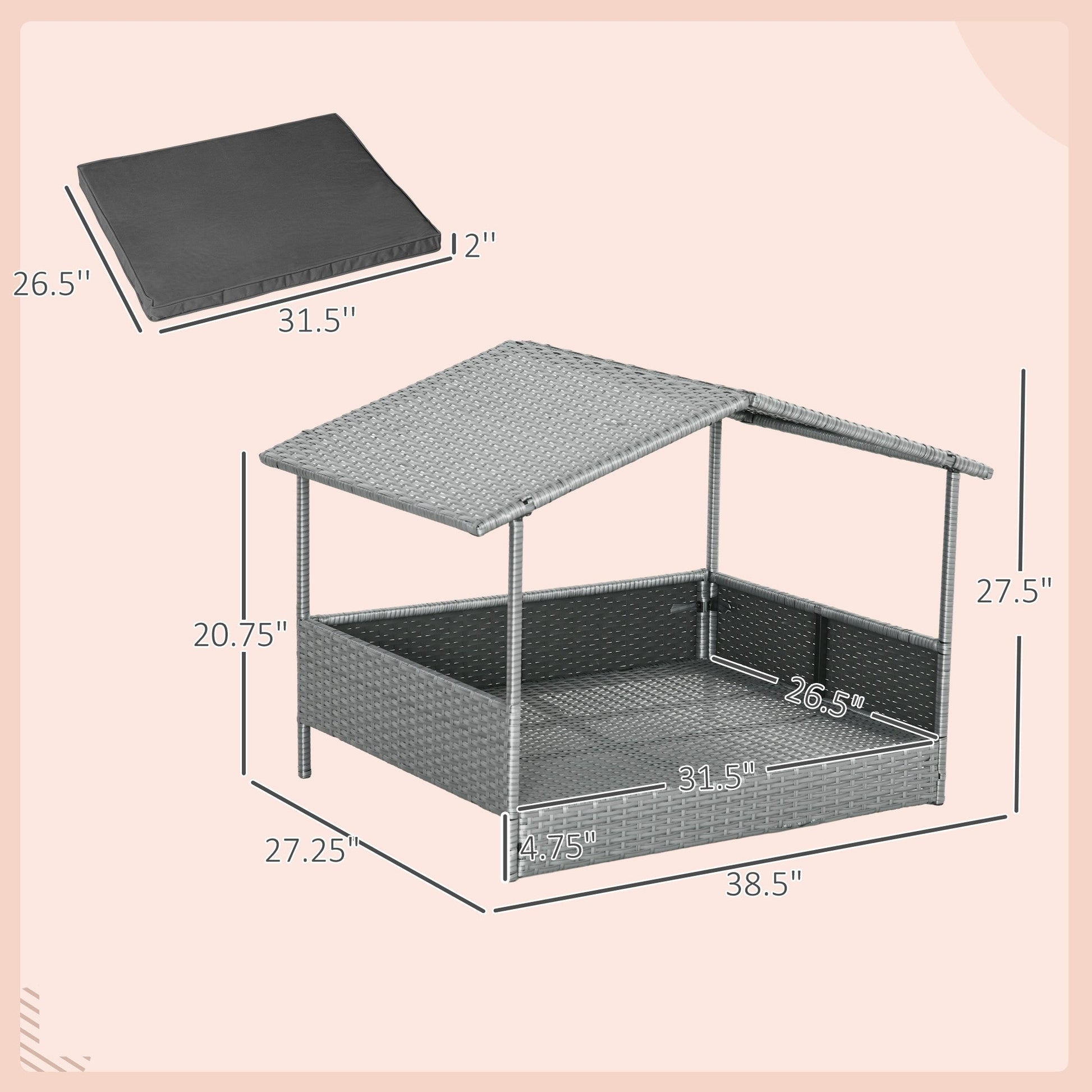 KFX-5782333 Wicker Outdoor Dog House with Canopy, Rattan Pet Bed, Water-Resistant Cushion for Small to Medium Dogs up to 66 lbs