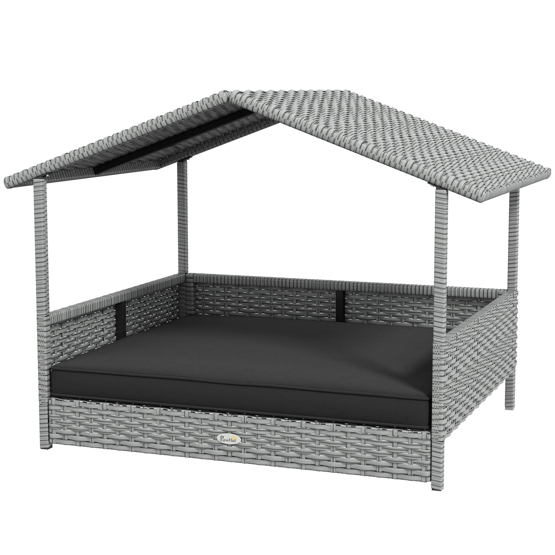 KFX-5782333 Wicker Outdoor Dog House with Canopy, Rattan Pet Bed, Water-Resistant Cushion for Small to Medium Dogs up to 66 lbs