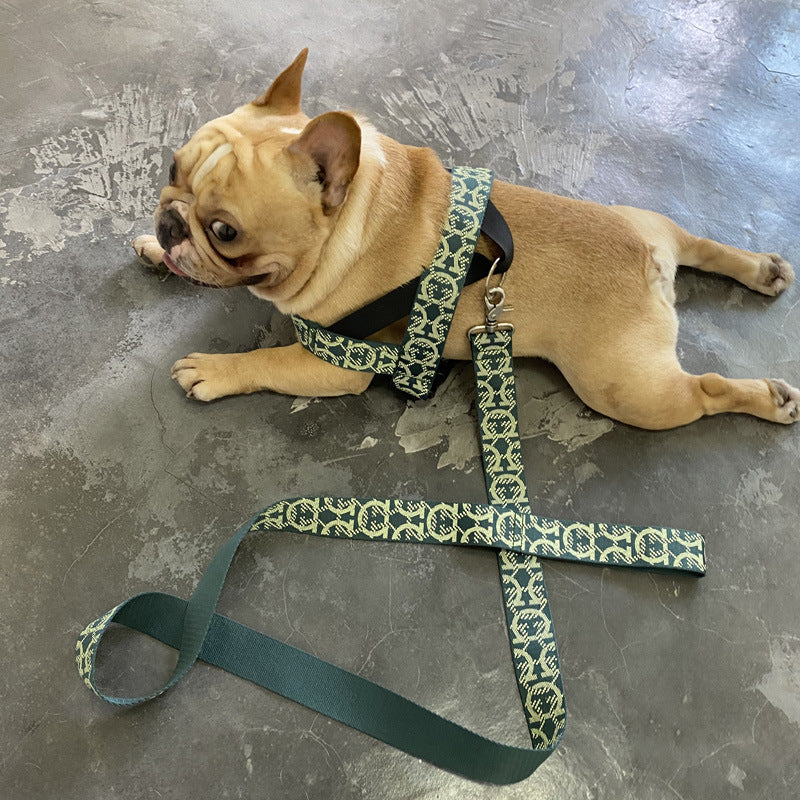 KFX-5782973 Adjustable Nylon Dog Leash with Chest Harness for Medium and Small Dogs, Green, 1.5m Traction Rope
