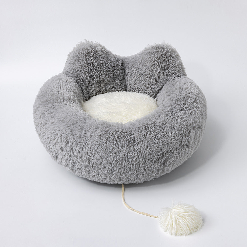 KFX-5783741 Plush Cat Ears Round Nest Bed - Soft Long Hair Design, Available in 50CM and 60CM Options