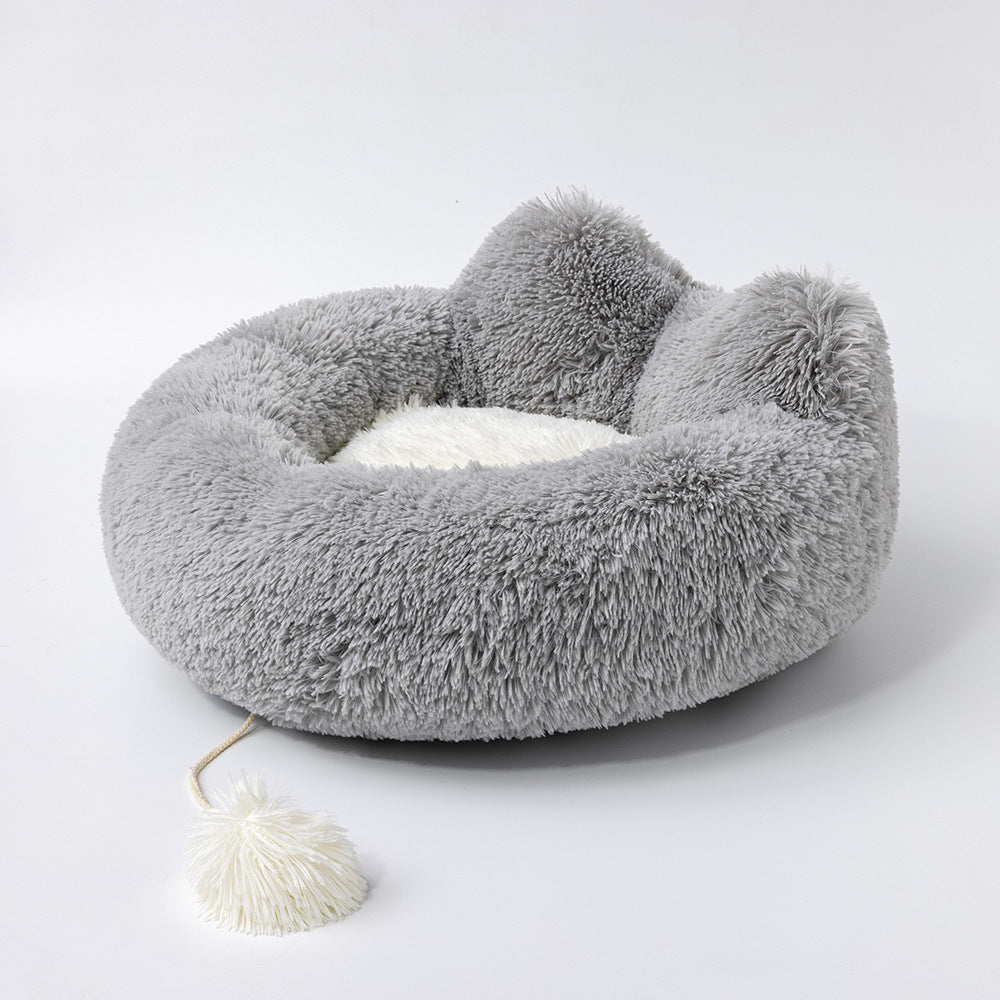 KFX-5783741 Plush Cat Ears Round Nest Bed - Soft Long Hair Design, Available in 50CM and 60CM Options