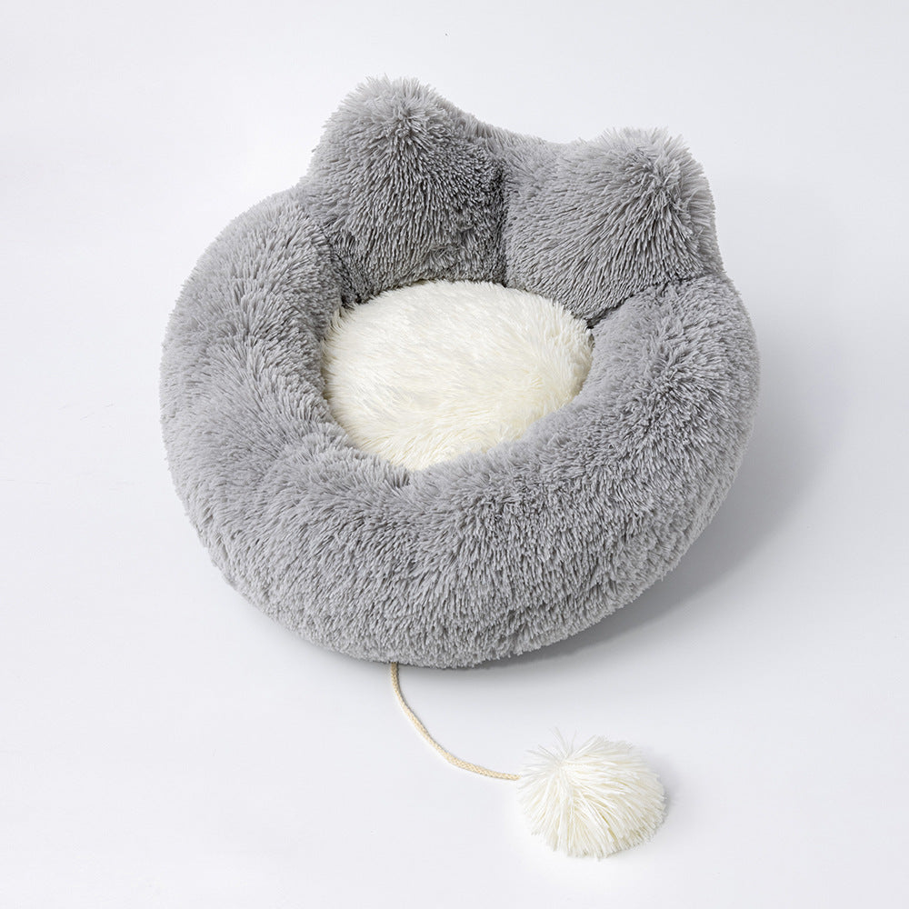 KFX-5783741 Plush Cat Ears Round Nest Bed - Soft Long Hair Design, Available in 50CM and 60CM Options