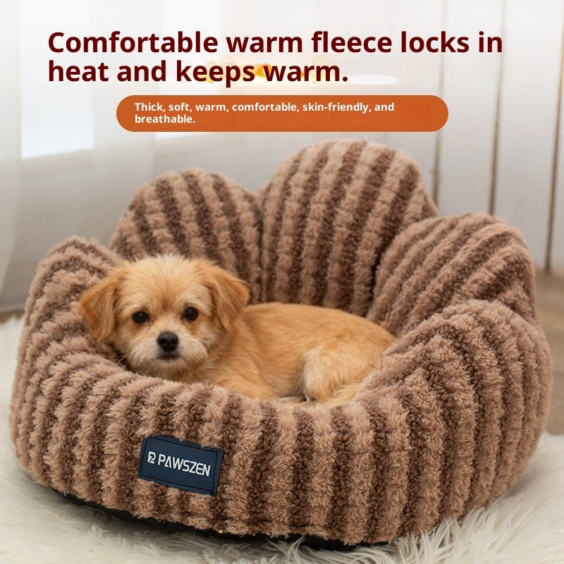 KFX-5787709 Thickened Warm Cat Nest in Light Blue and Brown Striped Flower Design, Multiple Sizes Available