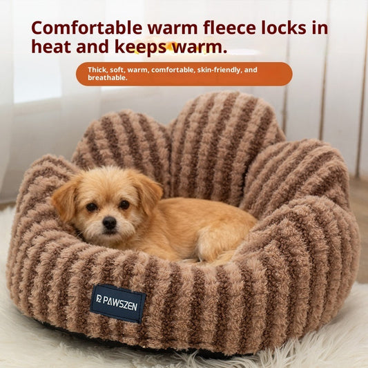 KFX-5787709 Thickened Warm Cat Nest in Light Blue and Brown Striped Flower Design, Multiple Sizes Available