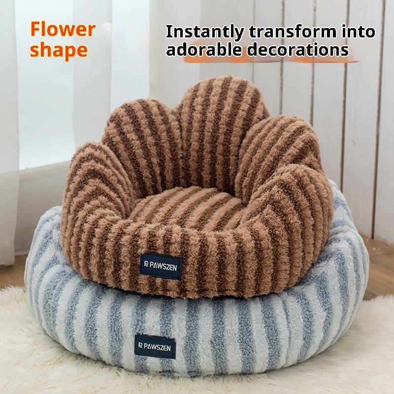 KFX-5787709 Thickened Warm Cat Nest in Light Blue and Brown Striped Flower Design, Multiple Sizes Available