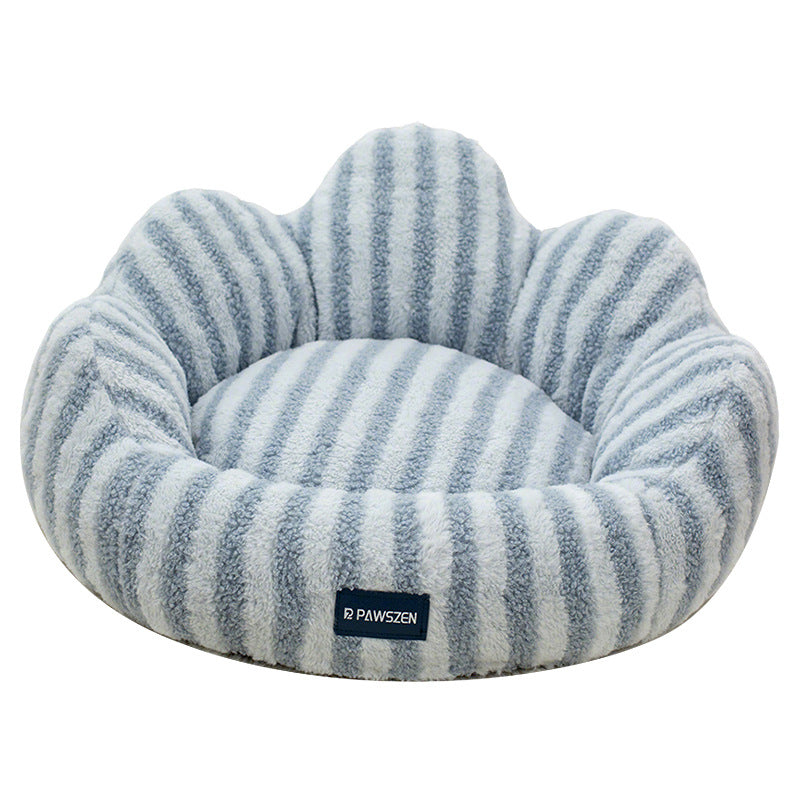 KFX-5787709 Thickened Warm Cat Nest in Light Blue and Brown Striped Flower Design, Multiple Sizes Available