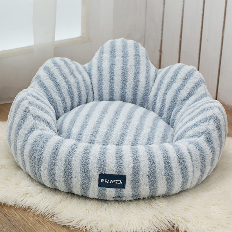 KFX-5787709 Thickened Warm Cat Nest in Light Blue and Brown Striped Flower Design, Multiple Sizes Available