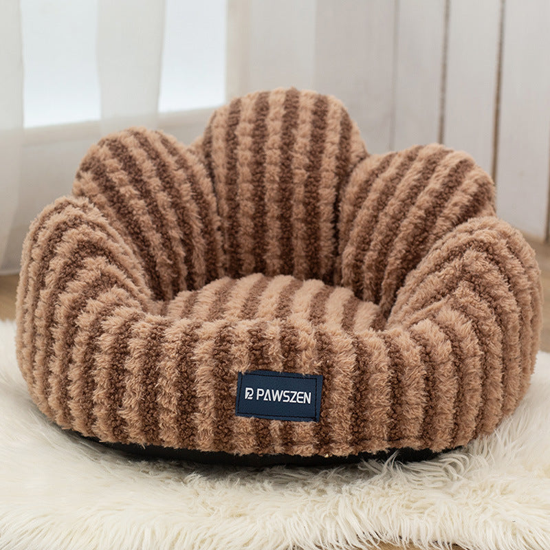 KFX-5787709 Thickened Warm Cat Nest in Light Blue and Brown Striped Flower Design, Multiple Sizes Available