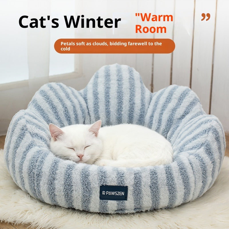 KFX-5787709 Thickened Warm Cat Nest in Light Blue and Brown Striped Flower Design, Multiple Sizes Available