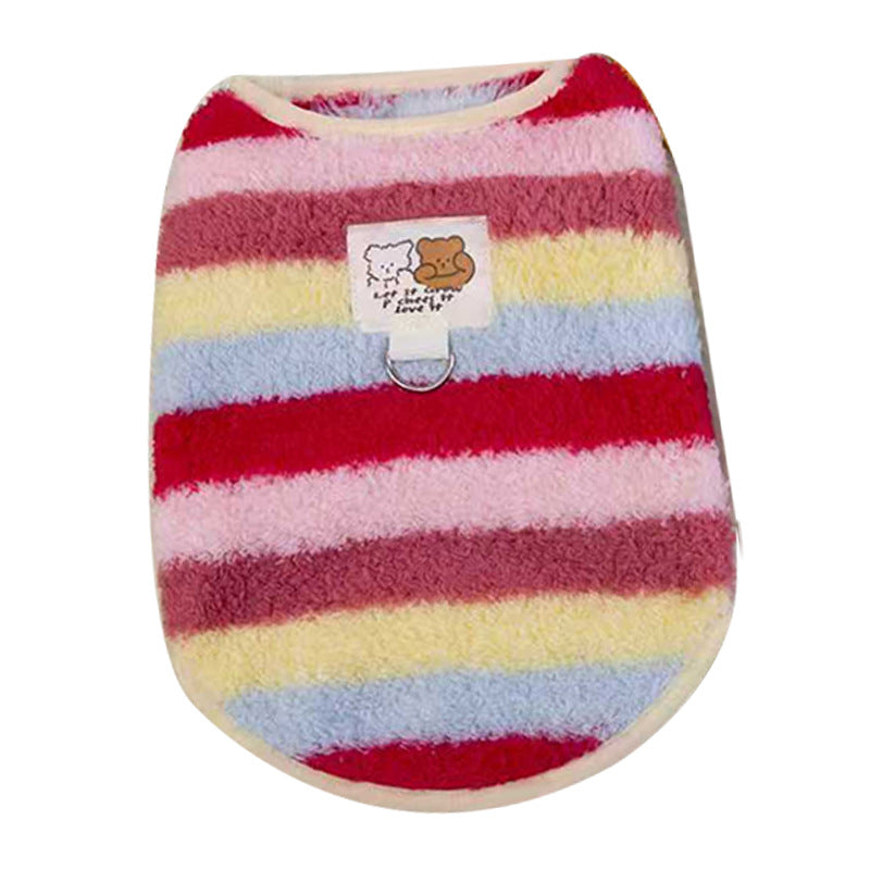 KFX-5788221 Cozy Striped Fuzzy Vest for Small to Medium Dogs - Cute Bear Patch Design