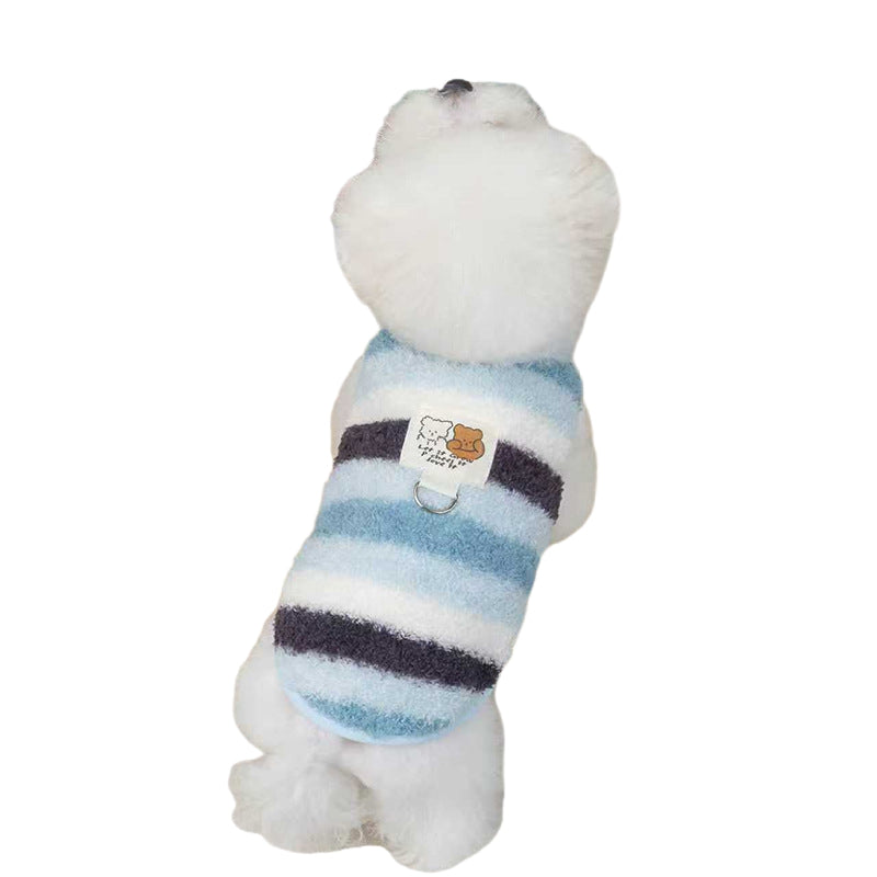 KFX-5788221 Cozy Striped Fuzzy Vest for Small to Medium Dogs - Cute Bear Patch Design