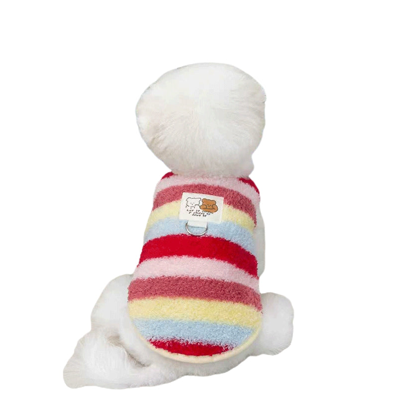 KFX-5788221 Cozy Striped Fuzzy Vest for Small to Medium Dogs - Cute Bear Patch Design