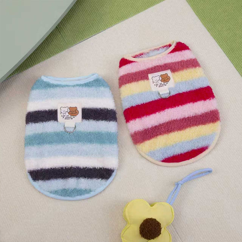 KFX-5788221 Cozy Striped Fuzzy Vest for Small to Medium Dogs - Cute Bear Patch Design