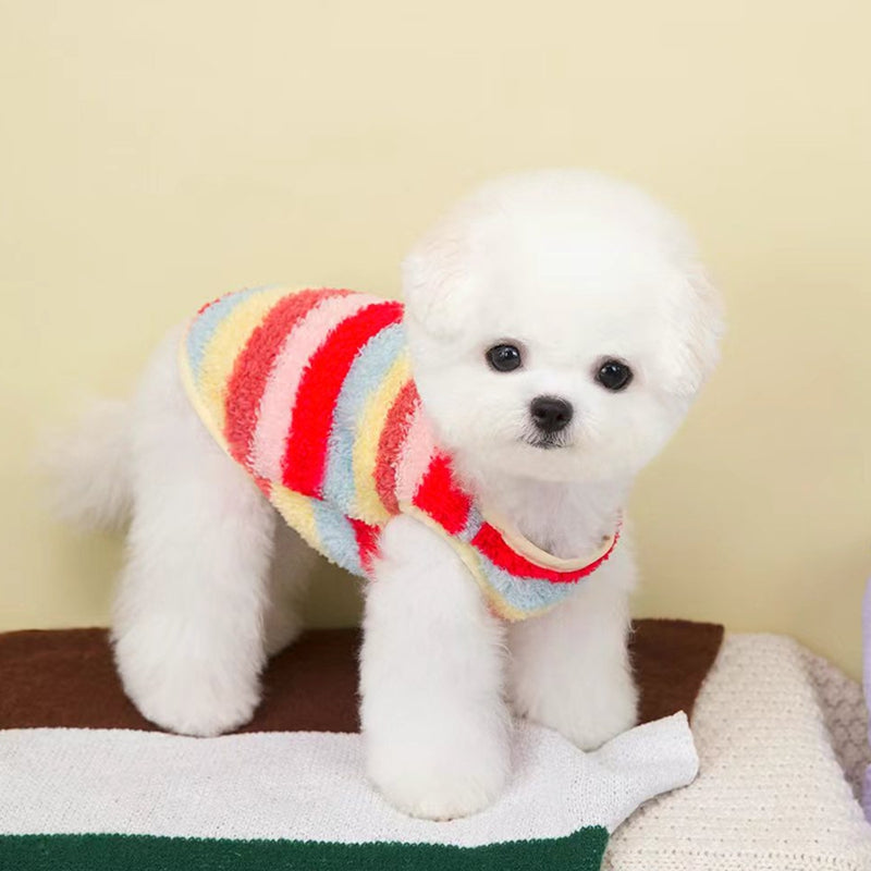KFX-5788221 Cozy Striped Fuzzy Vest for Small to Medium Dogs - Cute Bear Patch Design
