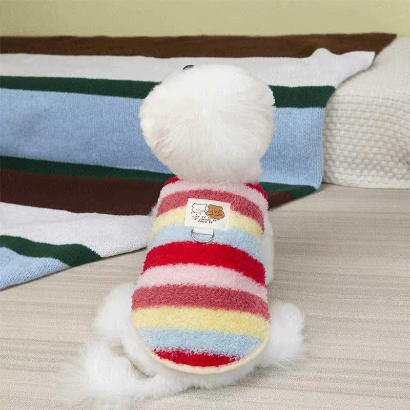 KFX-5788221 Cozy Striped Fuzzy Vest for Small to Medium Dogs - Cute Bear Patch Design