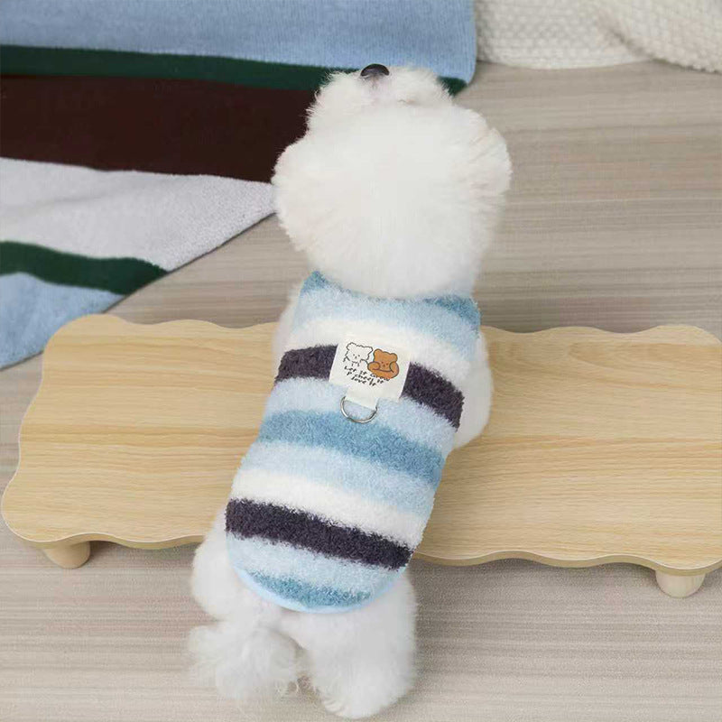 KFX-5788221 Cozy Striped Fuzzy Vest for Small to Medium Dogs - Cute Bear Patch Design