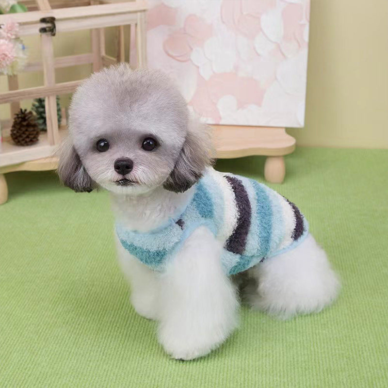 KFX-5788221 Cozy Striped Fuzzy Vest for Small to Medium Dogs - Cute Bear Patch Design