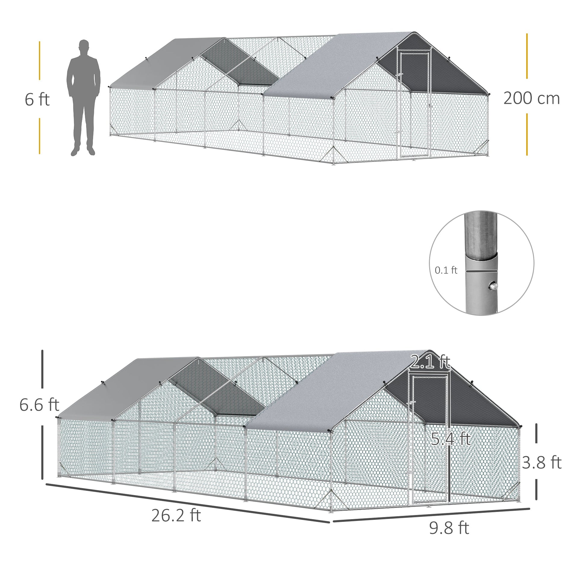 KFX-5793085 Galvanized Steel Chicken Coop with Waterproof Anti-UV Cover for Outdoor Use - 9.8' x 26.2' x 6.6'