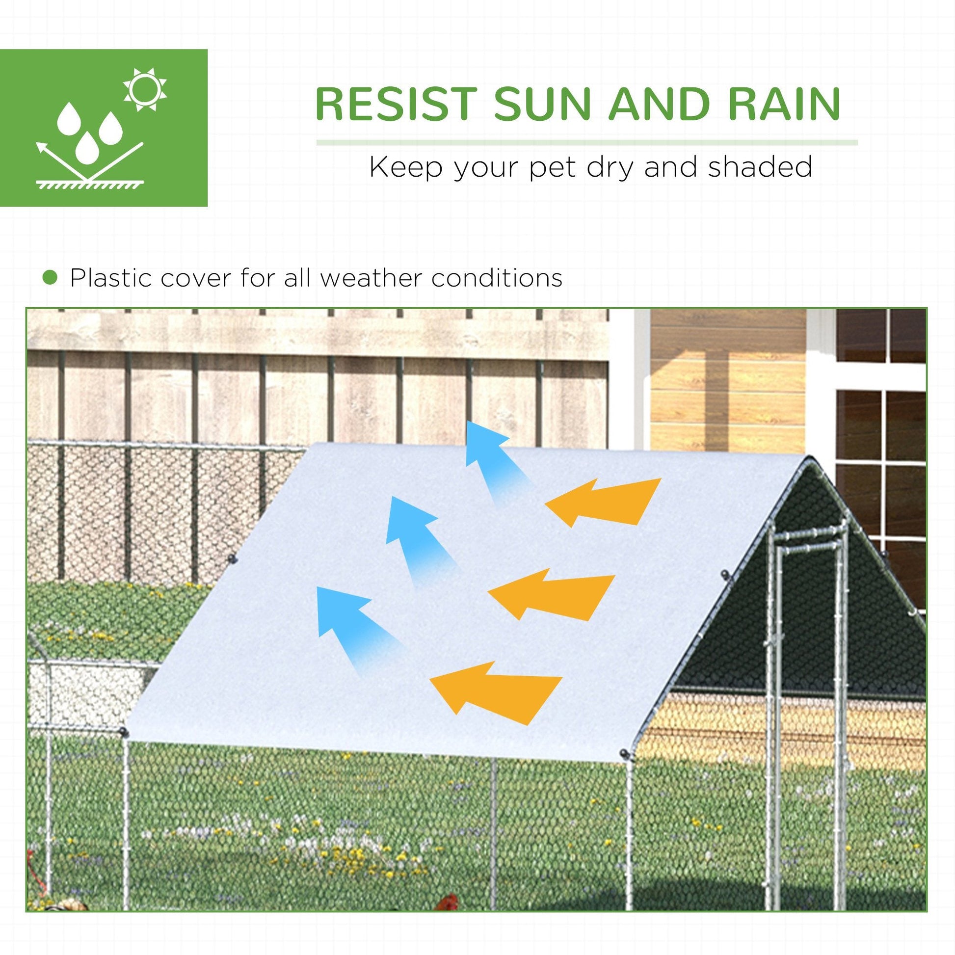 KFX-5793085 Galvanized Steel Chicken Coop with Waterproof Anti-UV Cover for Outdoor Use - 9.8' x 26.2' x 6.6'