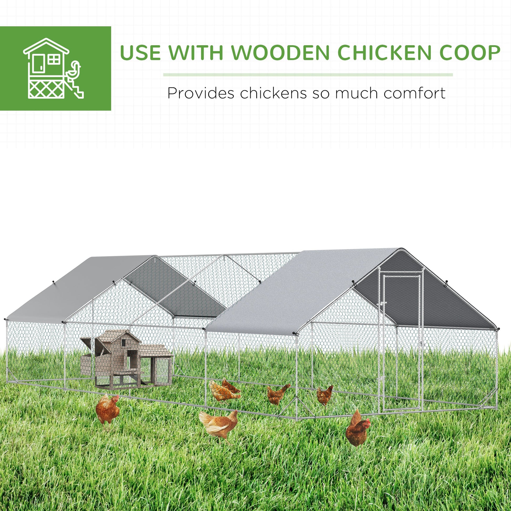 KFX-5793085 Galvanized Steel Chicken Coop with Waterproof Anti-UV Cover for Outdoor Use - 9.8' x 26.2' x 6.6'