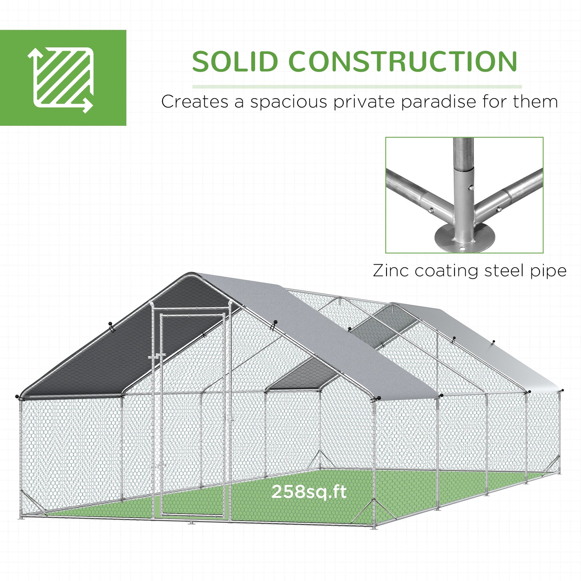 KFX-5793085 Galvanized Steel Chicken Coop with Waterproof Anti-UV Cover for Outdoor Use - 9.8' x 26.2' x 6.6'