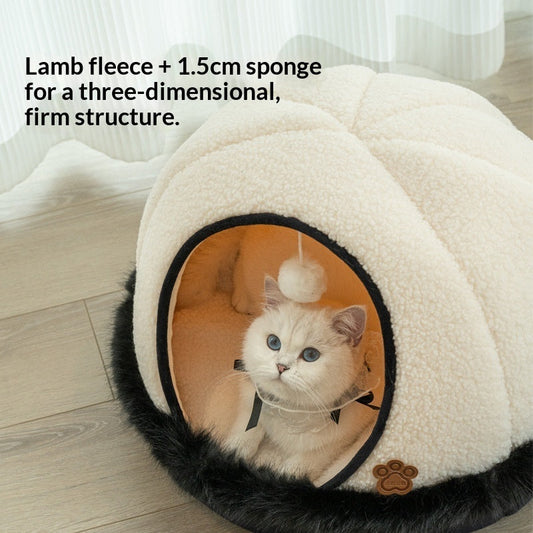 KFX-5793469 Warm Apricot Lamb Wool Semi-Enclosed Cat Bed for Dogs and Cats - 46cm