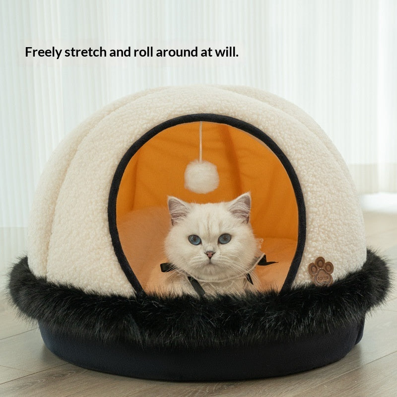 KFX-5793469 Warm Apricot Lamb Wool Semi-Enclosed Cat Bed for Dogs and Cats - 46cm