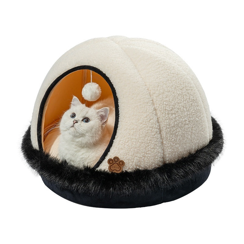 KFX-5793469 Warm Apricot Lamb Wool Semi-Enclosed Cat Bed for Dogs and Cats - 46cm