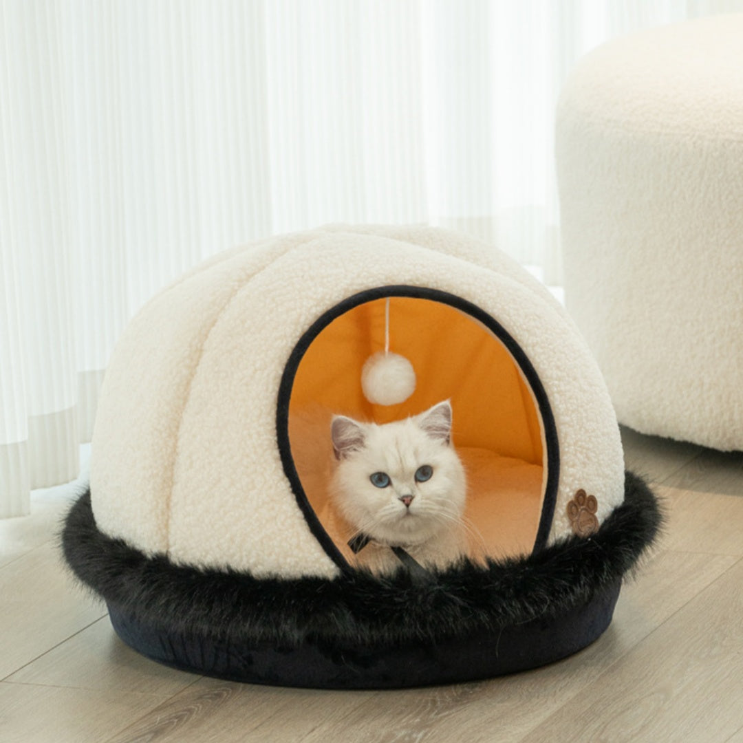 KFX-5793469 Warm Apricot Lamb Wool Semi-Enclosed Cat Bed for Dogs and Cats - 46cm