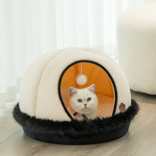 KFX-5793469 Warm Apricot Lamb Wool Semi-Enclosed Cat Bed for Dogs and Cats - 46cm