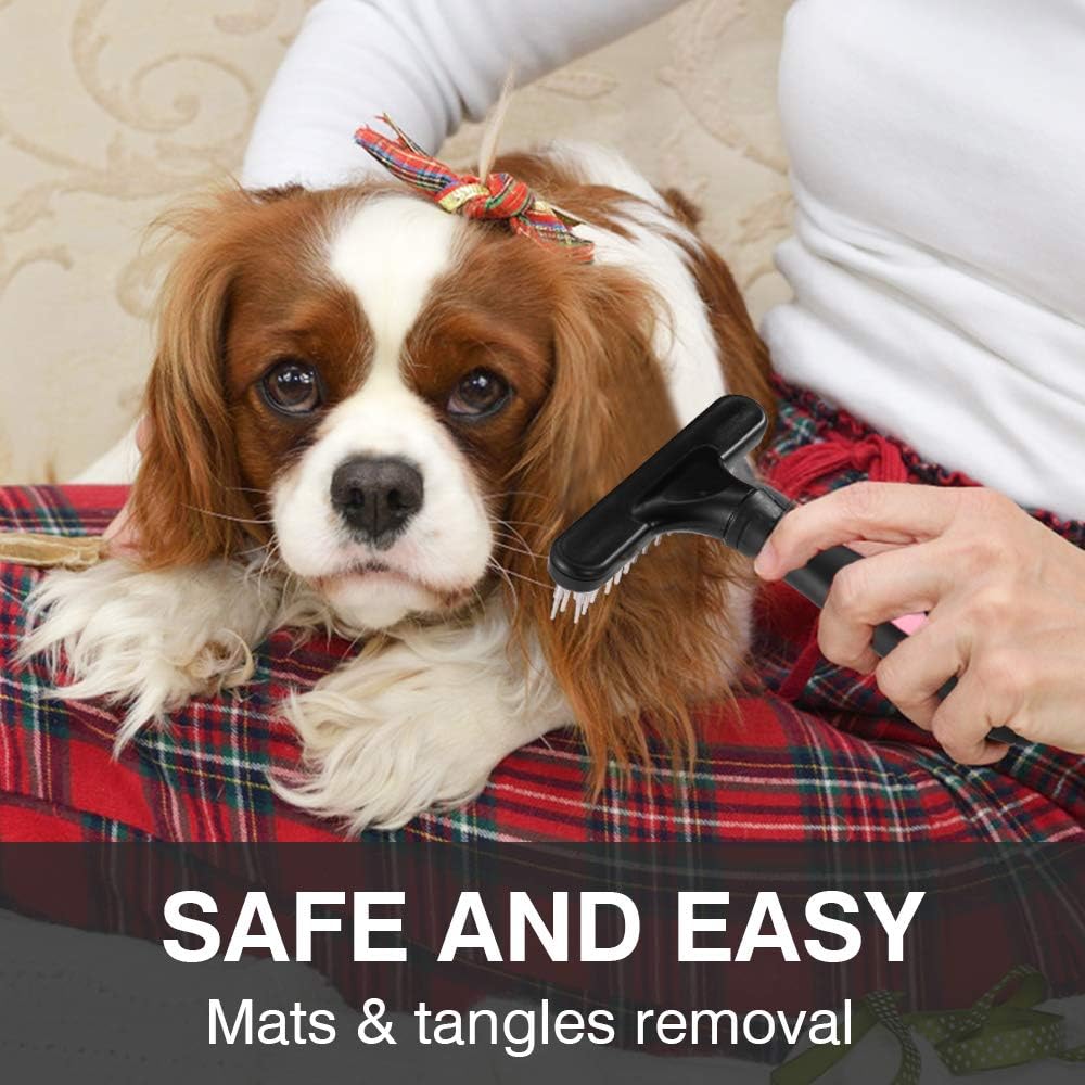 KFX-5796669 Double Row Pin Pet Grooming Rake for Dogs and Cats - Effectively Removes Mats, Tangles & Dead Hair with Ergonomic Grip