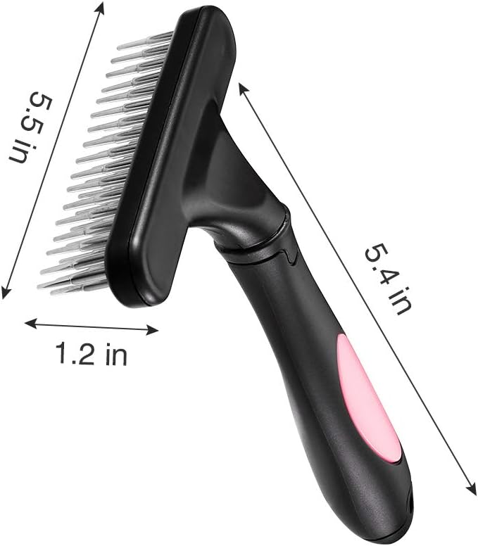 KFX-5796669 Double Row Pin Pet Grooming Rake for Dogs and Cats - Effectively Removes Mats, Tangles & Dead Hair with Ergonomic Grip