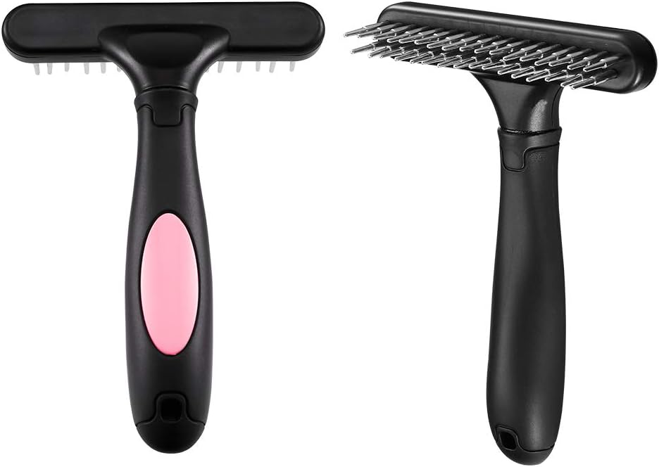 KFX-5796669 Double Row Pin Pet Grooming Rake for Dogs and Cats - Effectively Removes Mats, Tangles & Dead Hair with Ergonomic Grip