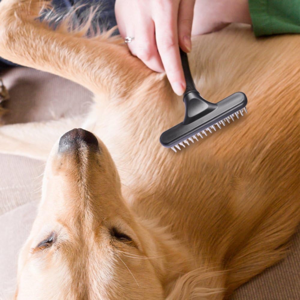 KFX-5796669 Double Row Pin Pet Grooming Rake for Dogs and Cats - Effectively Removes Mats, Tangles & Dead Hair with Ergonomic Grip