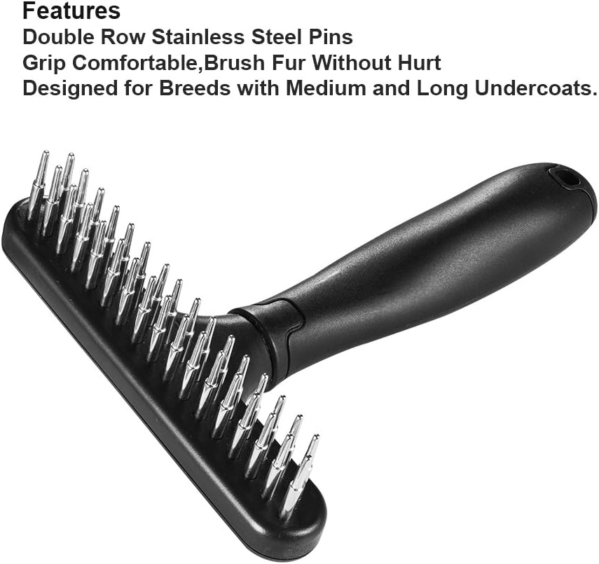 KFX-5796669 Double Row Pin Pet Grooming Rake for Dogs and Cats - Effectively Removes Mats, Tangles & Dead Hair with Ergonomic Grip