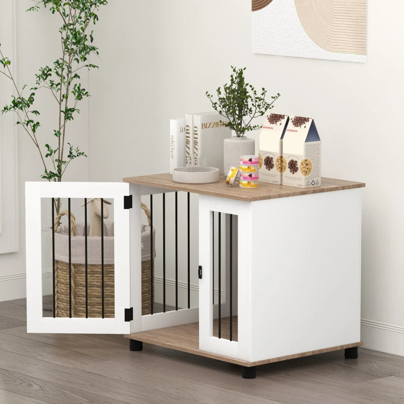 KFX-5804605 Walnut Brown Dog Kennel Furniture End Table with Lockable Door for Small and Medium Dogs