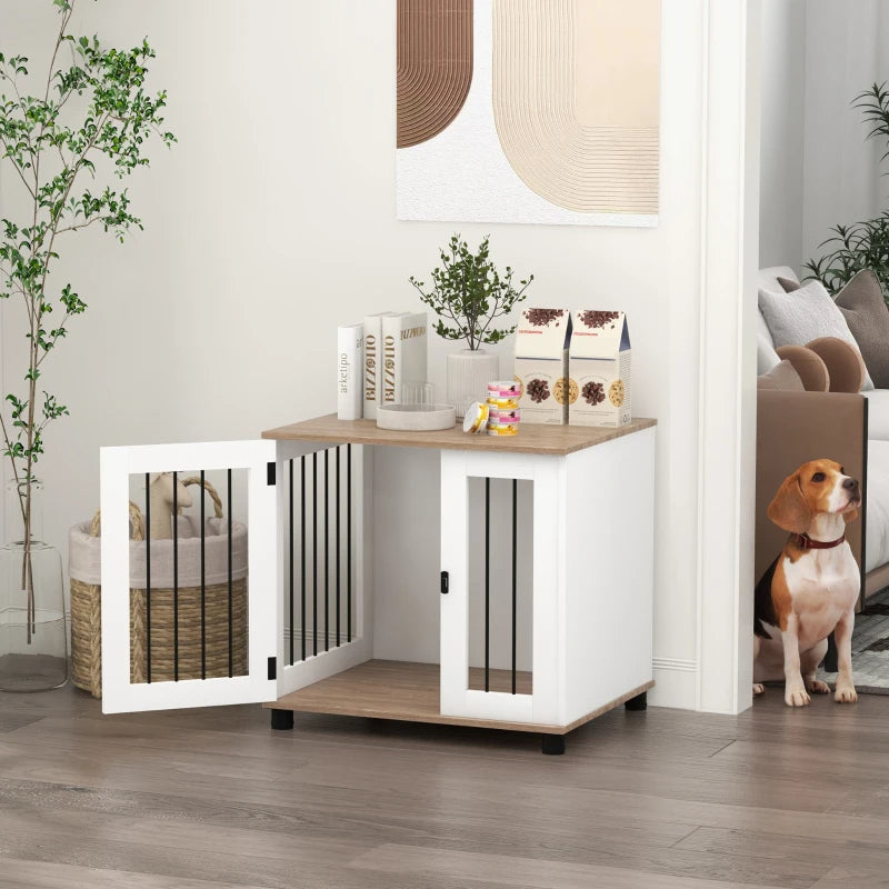 KFX-5804605 Walnut Brown Dog Kennel Furniture End Table with Lockable Door for Small and Medium Dogs