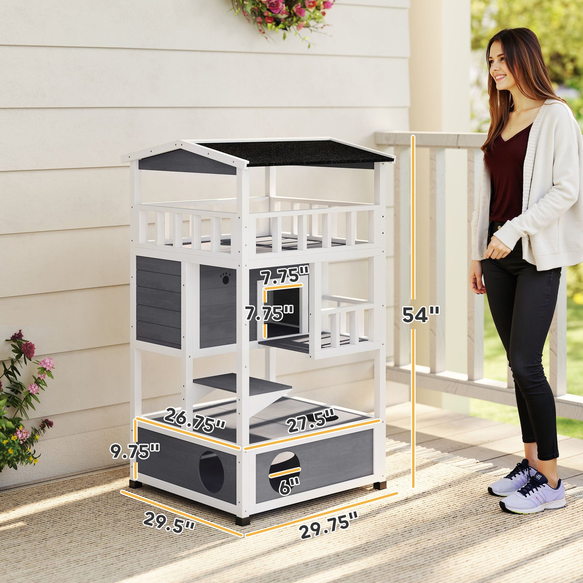 KFX-5816509 Outdoor Cat House with Asphalt Roof and Escape Doors – 3-Tier Feral Cat Shelter